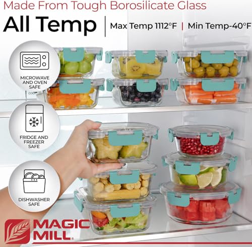 Premium Borosilicate Glass Food Storage Containers with lids Set (Turquoise)