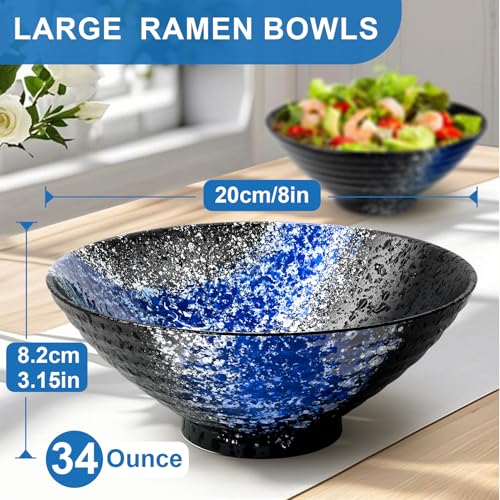 8 Inch Ramen Bowl Set 4 Large Japanese Bowls Ceramic Microwavable 16pcs (Blue / 8 INCH 4 Set)