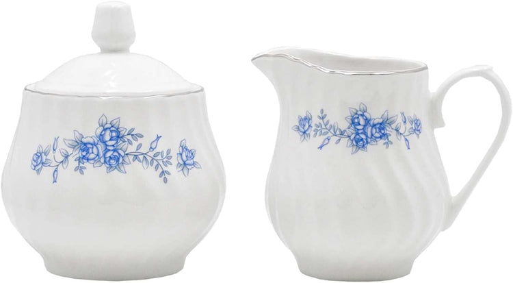 Sugar and Creamer Set - Porcelain Sugar and Creamer Floral Vintage Tea Set with Silver Trims & Embossed Swirls - Exquisite Fine China Tea Set for Parties & Celebrations - Royal Rose Set by Lynns