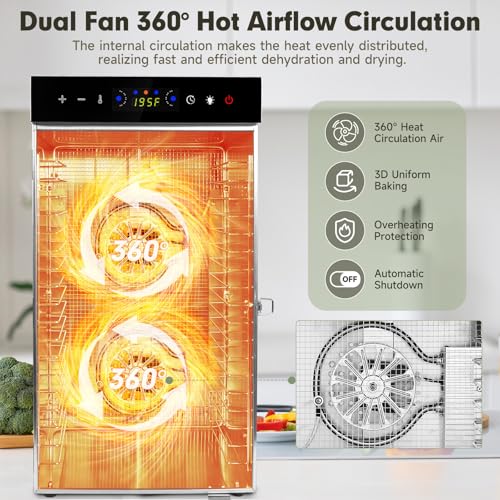 Food Dehydrator Machine 1000W 18 Trays Stainless Steel Commercial Food Dehydrated Dryer with 24H Timer Touch (18 Count)