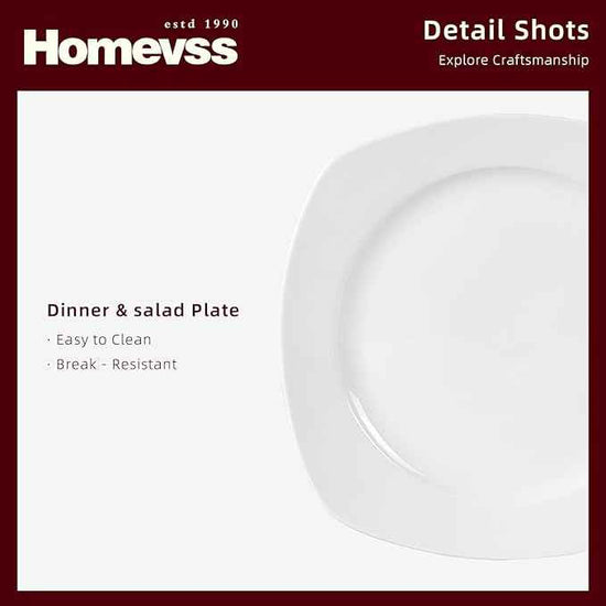 HomeVss, New Bone China Embossed Dinnerware Set, Coupe Square Shape, 16pc Set