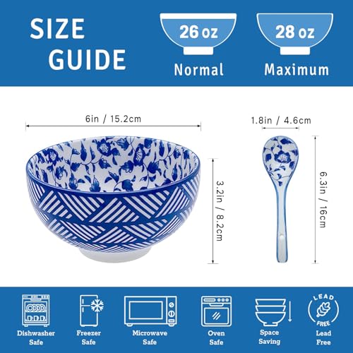 28Oz Ceramic Soup Ramen Bowl Set of 6 with Spoon Gift Box (6in-Floral & Striped-6)