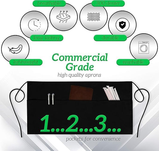 GREEN LIFESTYLE Server Aprons with 3 Pockets - Waist Apron, Waitress Apron for Women and Man, Water Resistant with Long Waist Strap Reinforced Seams, Half Apron (24 Pack - Black)