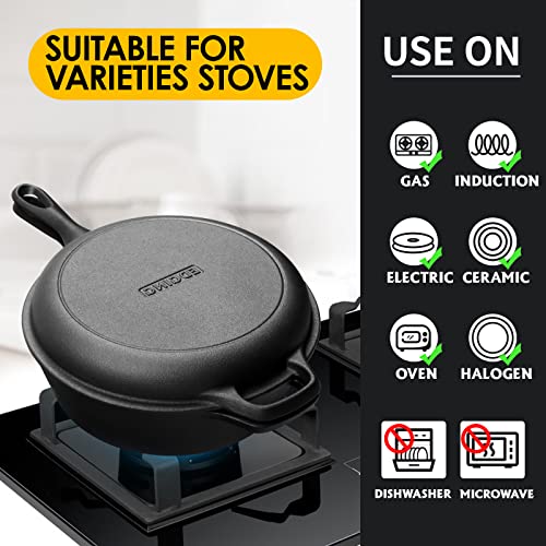 2-in-1 Pre-Seasoned Cast Iron Dutch Oven Pot with Skillet Lid Set, 10" Skillet 3QT Pot for Cooking, Baking, Frying and Camping (3QT)
