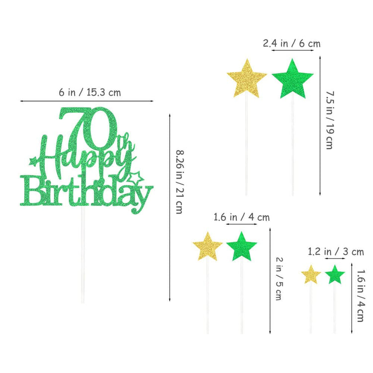 Green Gold 70th Birthday Cake Topper with Glittery Stars (7 Count)