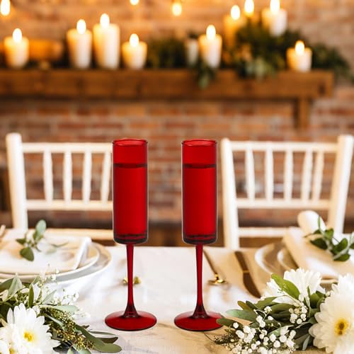 12 Pieces Red Champagne Flutes 6 OZ Straight Sided Wine Glasses Champagne Long Stem Drinking Colored Glasses (12 Count)