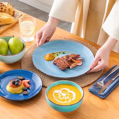 Bonita Plates and Bowls Set 18 Pieces Blue Stoneware Service for 6 (18 Count)