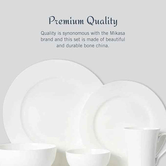 Mikasa Delray 40-Piece Bone China Dinnerware Set, White Round Dishes for 8 - Dinner Plates, Salad Plates, Cereal Bowls, Fruit Bowls and Mugs