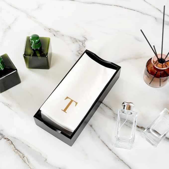 Luxenap 15.8 X 7.9 Inch Linen-Feel Guest Towels, 50 Lettered Hand Towels - Gold Letter 'T', Sans Serif Font, White Paper Dinner Napkins, airlaid, For Restrooms And Tables