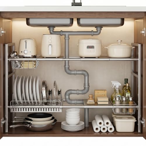 Li&Zhao Stainless Steel Under Sink Organizer (Two-tier with 4 shelves and 2 baskets)
