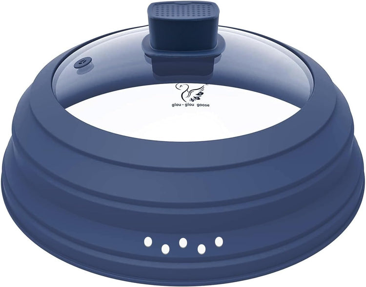 Microwave Splatter Cover Glass Cover Guard Lid with Collapsible Silicone for Food Pot Plate Cover 11.8 inch Dark Blue