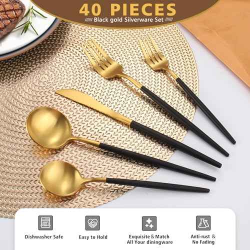 Matte Black Gold Silverware Set