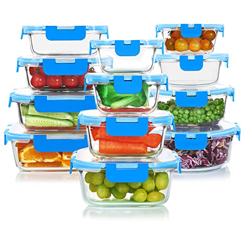 24 Pieces Glass Food Storage Containers Set (Blue / 12 Pack)