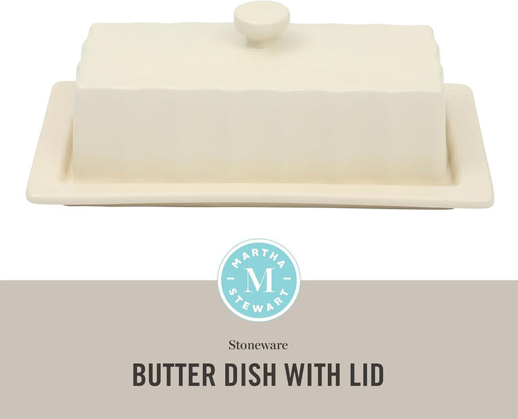 Martha Stewart Broadbrook Stoneware Butter Dish with Lid, Rectangular Covered Butter Keeper, 8.1 x 4.4 x 3 Inches, Classic Cream Glaze, Dishwasher Safe Ceramic Storage for Counter or Table
