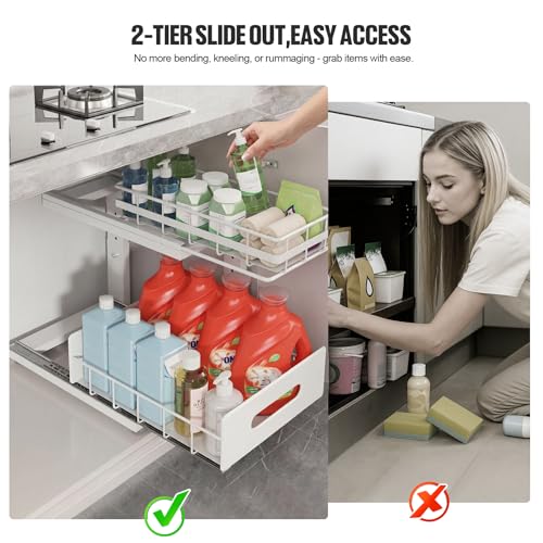 Under Sink Organizer Upgrade To Professional Rails (White / 2 Pack-14.5"Dx12.8"-16.9"H)