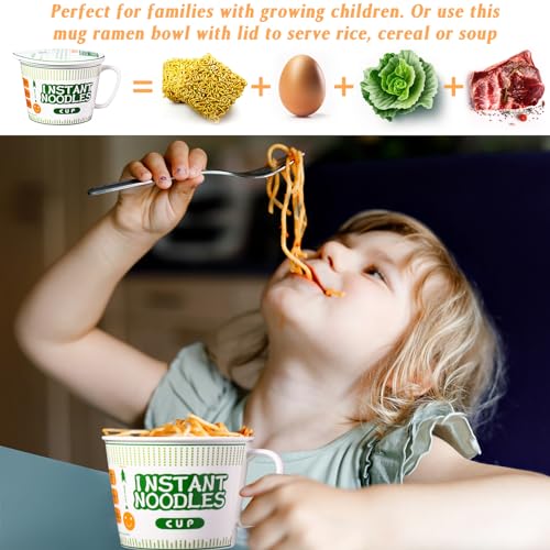 6 Pcs Japanese Ramen Bowl Set Includes 3 Pcs Instant Noodle Bowl with Lid Microwave Ramen Noodles Cup Holder 3 Pcs Silverware Set Flatware Sets for Home Office College Dorm Room (39 oz)