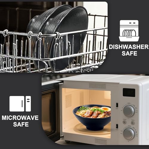 8 Inch Ramen Bowl Set 2 Large Japanese Bowls Ceramic Microwavable 8pcs (Black / 8 INCH 2 Set)