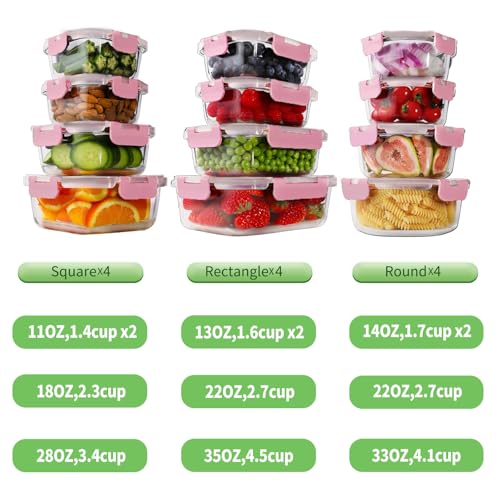 24pc Glass Food Storage Containers with Lids (Pink / 12 Pack)