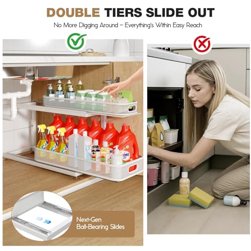 2 Pack 21.3 IN Depth Under Sink Organizer With Next (White / 2 Pack-21.3"Dx11.8"-16.5"H)