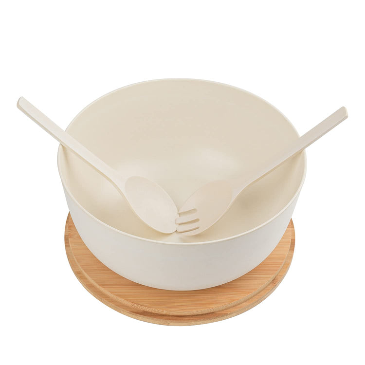 Bamboo Fiber Salad Bowl with Servers Set Large 9.8inches Nature Bamboo Mixing Bowl with Servers with Lid Spoon and Fork for Fruits