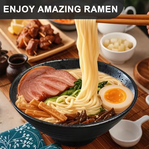 8 Inch Ramen Bowl Set 2 Large Japanese Bowls Ceramic Microwavable 8pcs (Black / 8 INCH 2 Set)