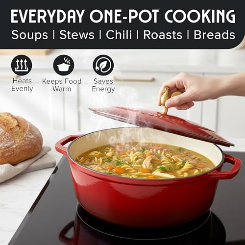 5.5 Quart Enameled Cast Iron Oval Dutch Oven w Rooster Knob & Cotton Potholders