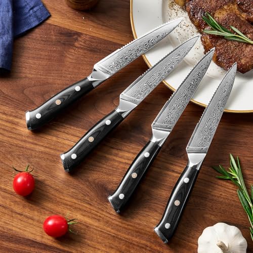 Senken 4 Piece Damascus Steak Knife Set with Full (4 Count)