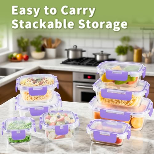 8 Pack Glass Food Storage Containers with Snap Locking Lids for Meal Prep (Purple / 8 Pack)