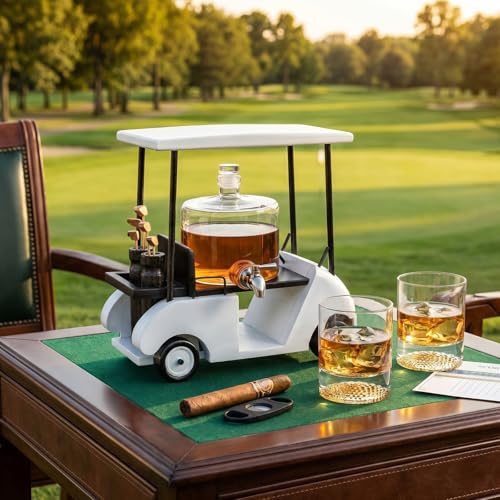 Luxury Golf Cart Whiskey Decanter Set with 2 Golfer Glasses