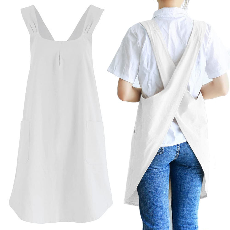 Japanese Linen Cross Back Kitchen Cooking Aprons for Men with Pockets for Baking Painting Gardening Cleaning White