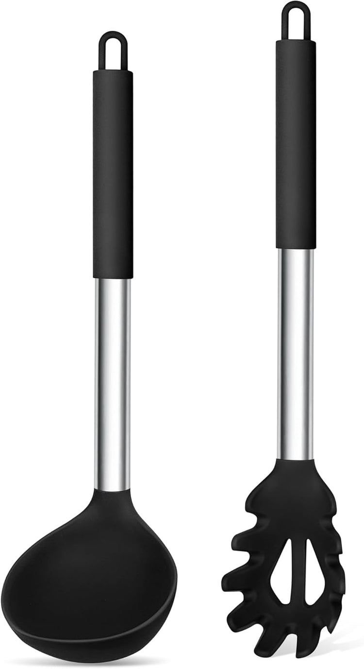 TeamFar Silicone Pasta Fork and Ladle Spoon Set, 2 Pcs Large Nonstick Kitchen Utensils with Stainless Steel Handle for Cooking, Draining, Serving Soup, Sauce, Spaghetti, Healthy & Heat-Proof, Black