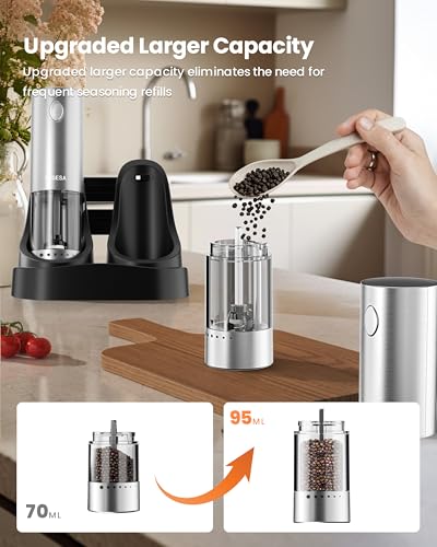 Electric Salt and Pepper Grinder Set with Rechargeable Base (Silver / Set)