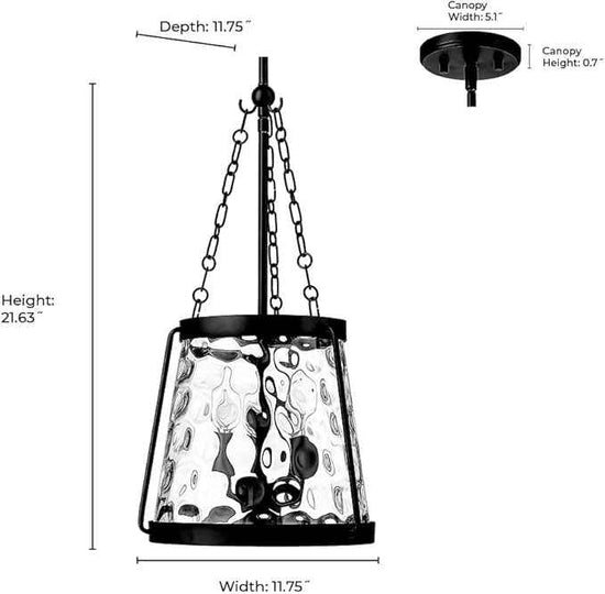 ML Lighting | Adabella Collection | 20403-MB | 3 Light Pendant in Matte Black Finish with Clear Hammered Glass Shade | Perfect for Kitchens, Dining Rooms, Living Rooms, Entryways, Hallways
