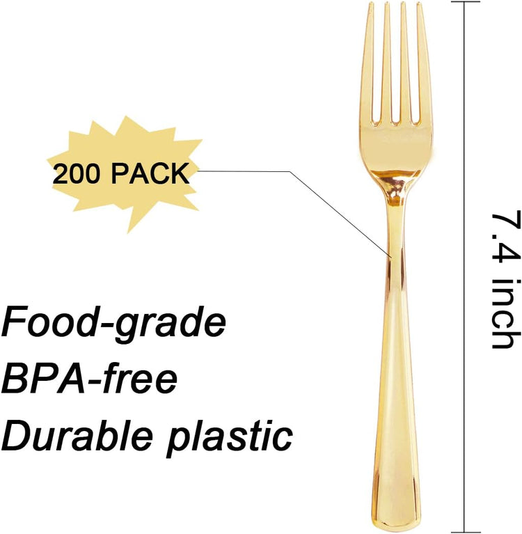 Liacere 200pcs Gold Plastic Forks - Heavyweight - 7.4 Inch Heavy Duty Plastic Forks - Gold Plastic Silverware Perfect For Parties & Weddings & Restaurants & New Year And Daily Using