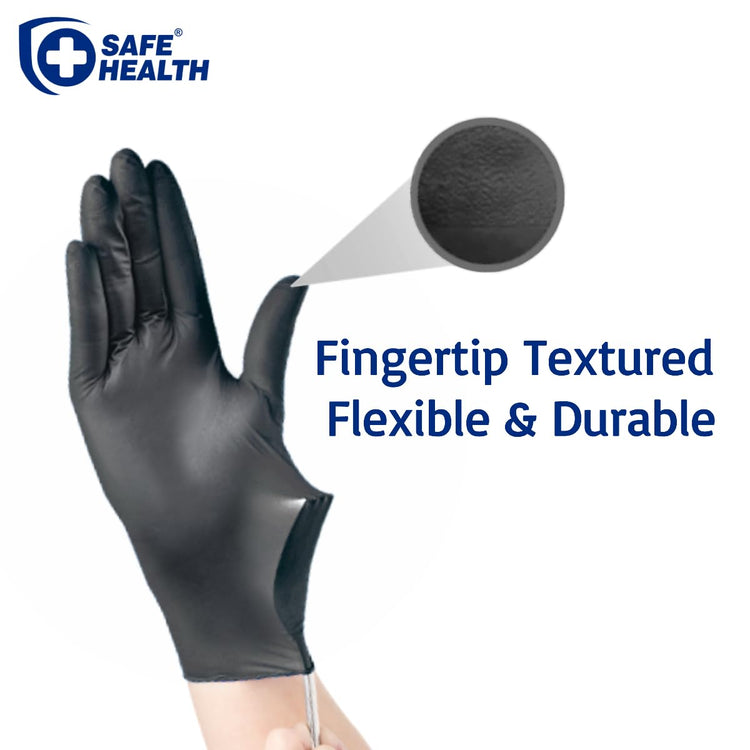Safe Health Nitrile Black Disposable Gloves, Latex Free, Powder Free, Box of 100, XS, Textured, 3.5 mil, Industrial, Tattoo, Salon, Hair, Auto, Car, Cleaning, Food, Cooking