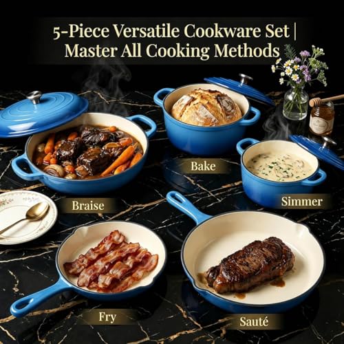 5 Piece Cobalt Blue Enameled Cast Iron Cookware Set