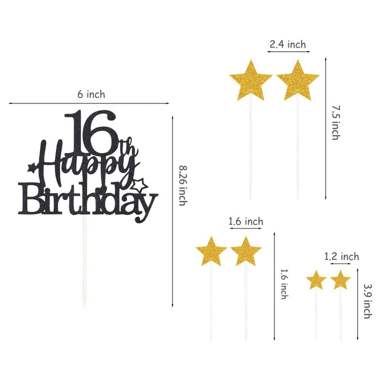 Black Gold 16th Birthday Cake Topper with Glittery Stars (7 Count)