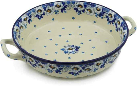 Polmedia Polish Pottery Round Baker with Handles 10-inch - Blue Spring Pattern Handmade in Boleslawiec Poland by Ceramika Artystyczna + Certificate of Authenticity