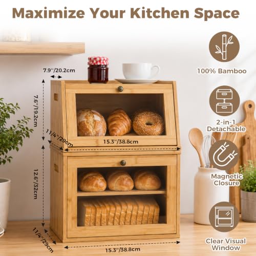 2 Tier Detachable Bamboo Bread Box for Kitchen Countertop