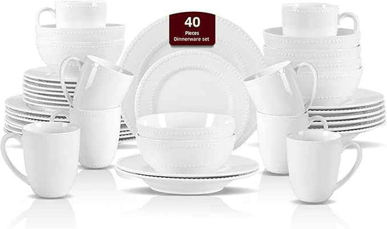 HomeVss, New Bone China Dinnerware Set, Embossed Pearl Design, 40pc Dinnerware Set