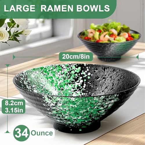 8 Inch Ramen Bowl Set 2 Large Japanese Bowls Ceramic Microwavable 8pcs (Green / 8 INCH 2 Set)