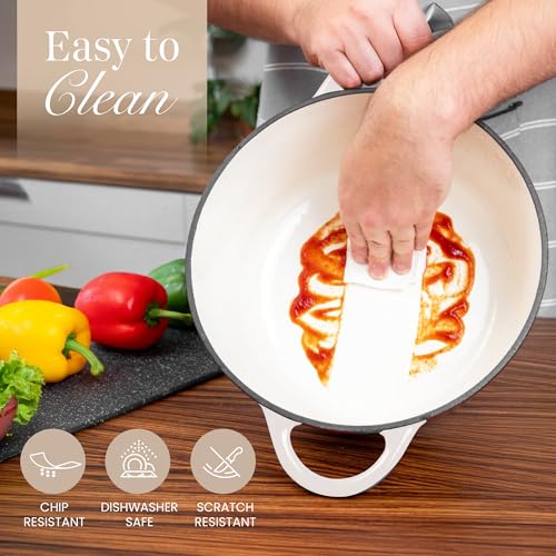Enamelled Cast Iron Dutch Oven Pot with Lid 6.4 Quart Non Stick Casserole Pot (Oyster / 6.4-Quart - Deep)