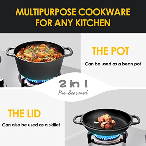 2-in-1 Pre-Seasoned Cast Iron Dutch Oven Pot with Skillet Lid Cooking Pan, Cast Iron Skillet Cookware Pan Set with Dual Handles, Indoor Outdoor for Bread/Frying/Baking/Camping/BBQ, 5 Qt (5QT)