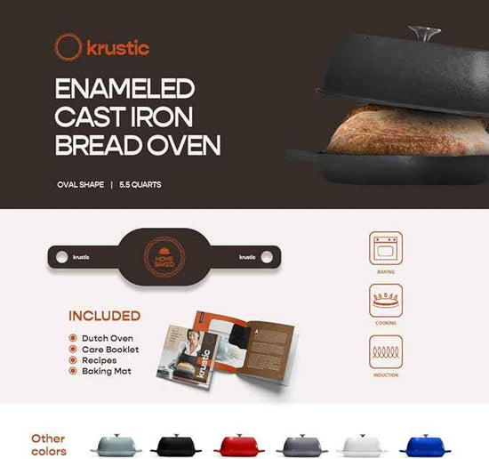 Enameled Cast Iron Dutch Oven for Professional Sourdough Bread Baking | 5.5 Quart Loaf Size Oval Cookware Pot with Lid | Triple-Layer Enamel Coating Pan with Non Stick Silicone Mat | Black