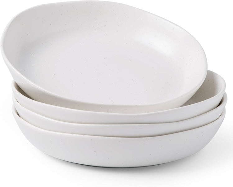 AmorArc 9.75'' Speckled Large Ceramic Pasta Bowls, 38oz Stoneware Bowls Set of 4, Oven, Microwave&Dishwasher Safe Bowls with Wavy Rim for Fruit Pasta Salad Meal, Matte Speckled White