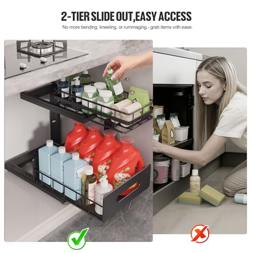 Under Sink Organizer Upgrade To Professional Rails (Black / 2 Pack-14.5"Dx12.8"-16.9"H)