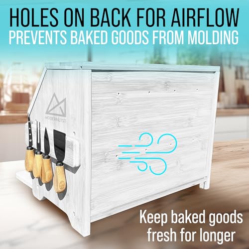 Bread Box with Cutting Board & Knife Set (White Bamboo)