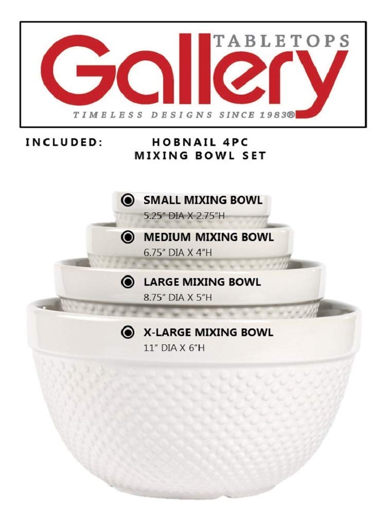 Tabletops Gallery Hobnail Style 4 Piece Classic White Stoneware Nesting Mixing Bowl Set for Baking and Cooking