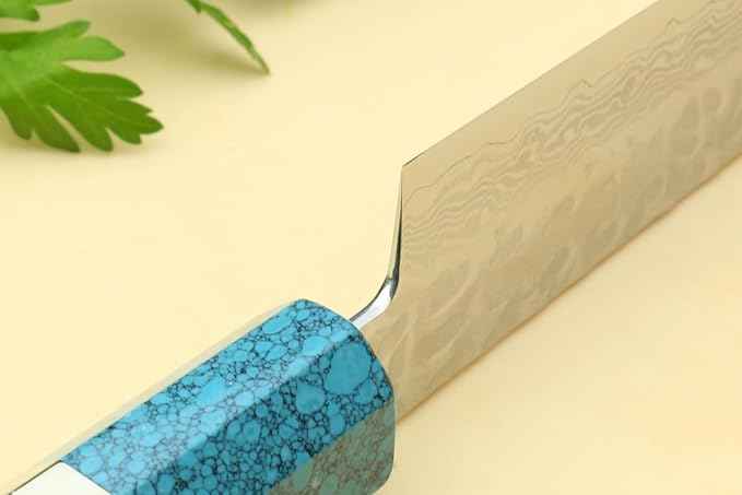 Yoshihiro VG-10 46 Layers Hammered Damascus Petty Utility Japanese Chef Knife Octagonal Turquoise Blue Handle (6'' (150mm))
