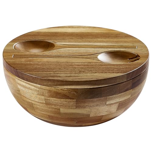 Salad Bowls Wood Salad Bowl Set with Lid Acacia Wood Serving Bowl for Fruits or Salads 10.5" Large Serving Bowl with Serving Utensils (10.5in wood salad bowl)